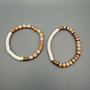 Women's Beaded Stretch Bracelet Set - White, Pink & Gold - Handmade #B0454T